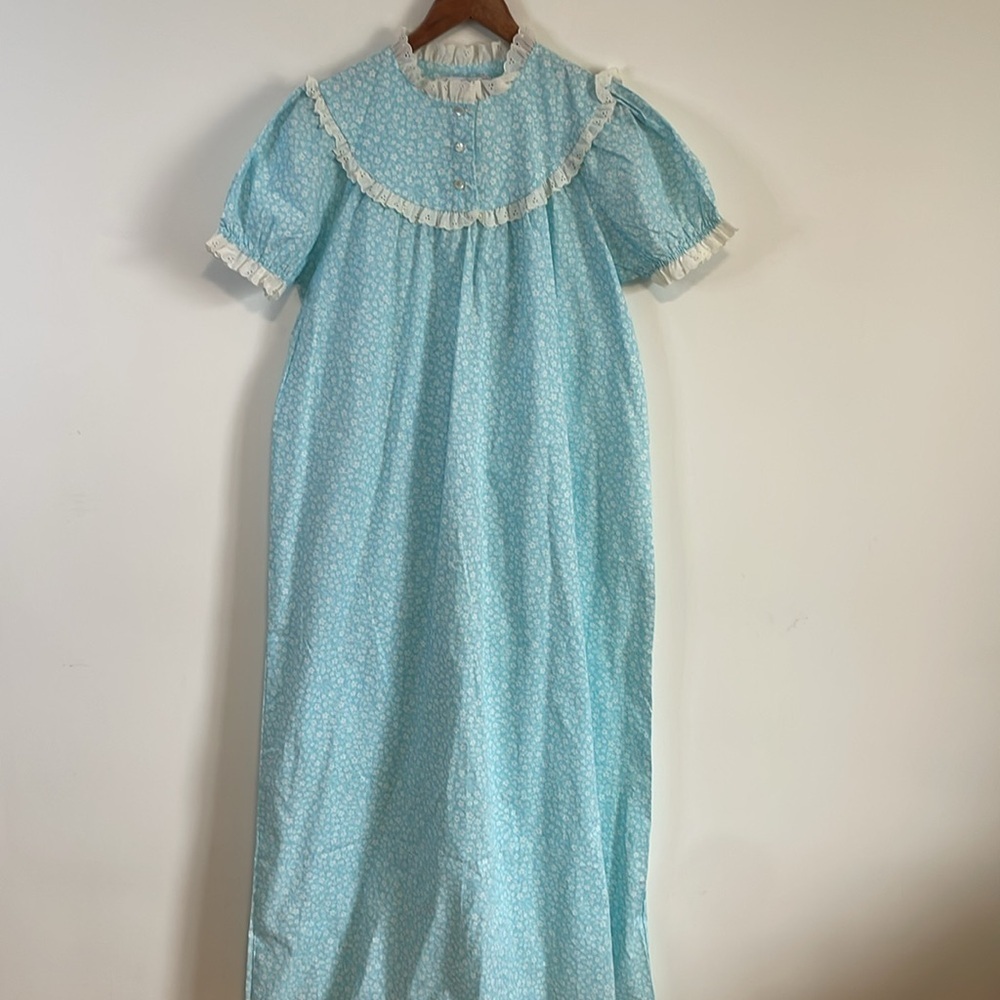 VTG Lanz Prairie Nightgown Med Blue Floral MuMu Eyelet Dress Pajama Deadstock